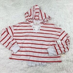 Girl's long sleeve hooded striped shirt with mesh back lace up neck